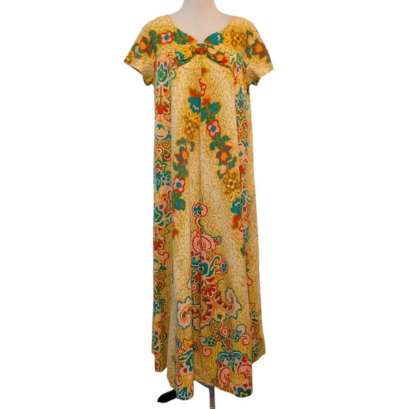 Vintage Malihini Hawaii Womens Sz M/L? Yellow Gold Floral Bow Aloha Midi Dress - Picture 2 of 11